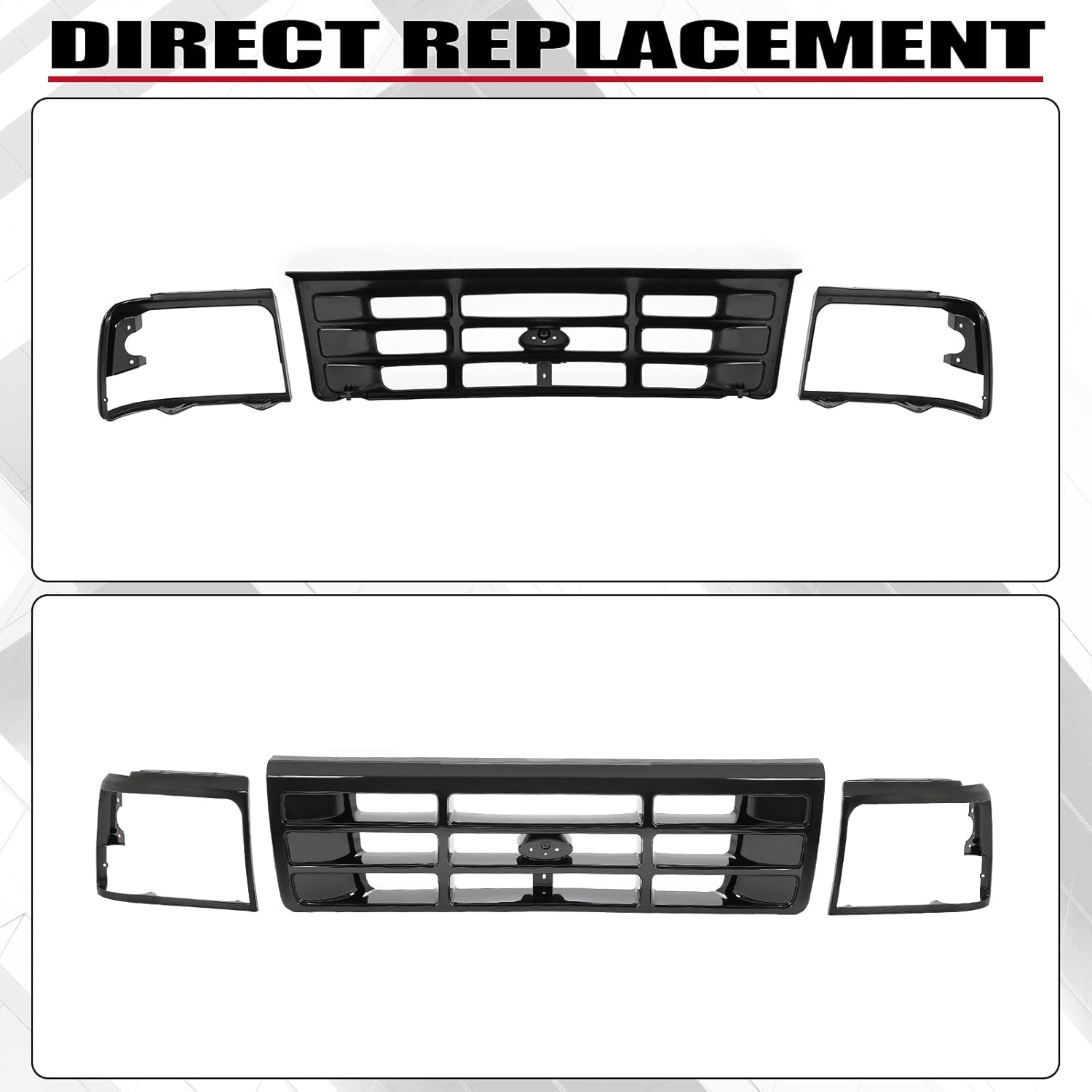 HECASA Rejilla delantera y bisel para faros delanteros compatible con Ford Bronco F-150 F-250 HD F-350 1992-1997 Reemplazo para FO1200172 FO2512131