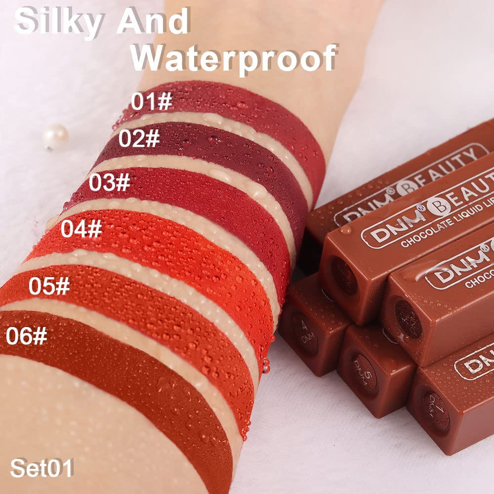 Juego de 6 lápices labiales líquidos de color chocolate mate, brillo de labios, para mujeres, color rojo oscuro profundo, 24 horas de permanencia en