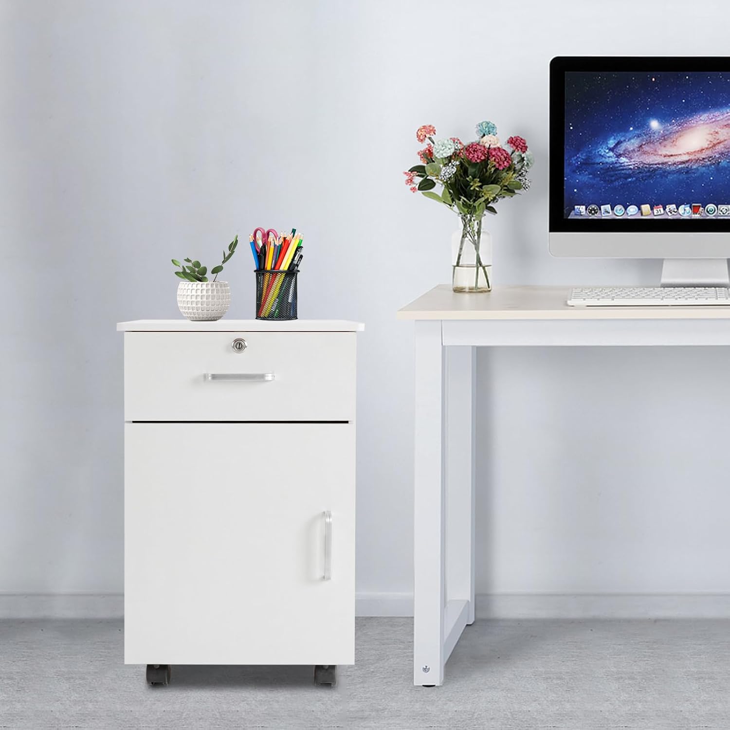 Fetcoi Archivador móvil vertical portátil con estantes de almacenamiento, gabinete móvil debajo del escritorio, cajones de oficina con cerradura y