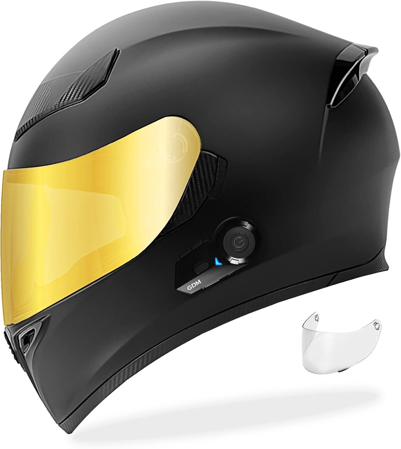 GDM Casco de motocicleta Bluetooth de cara completa con 3 escudos (dorado, plateado, transparente)