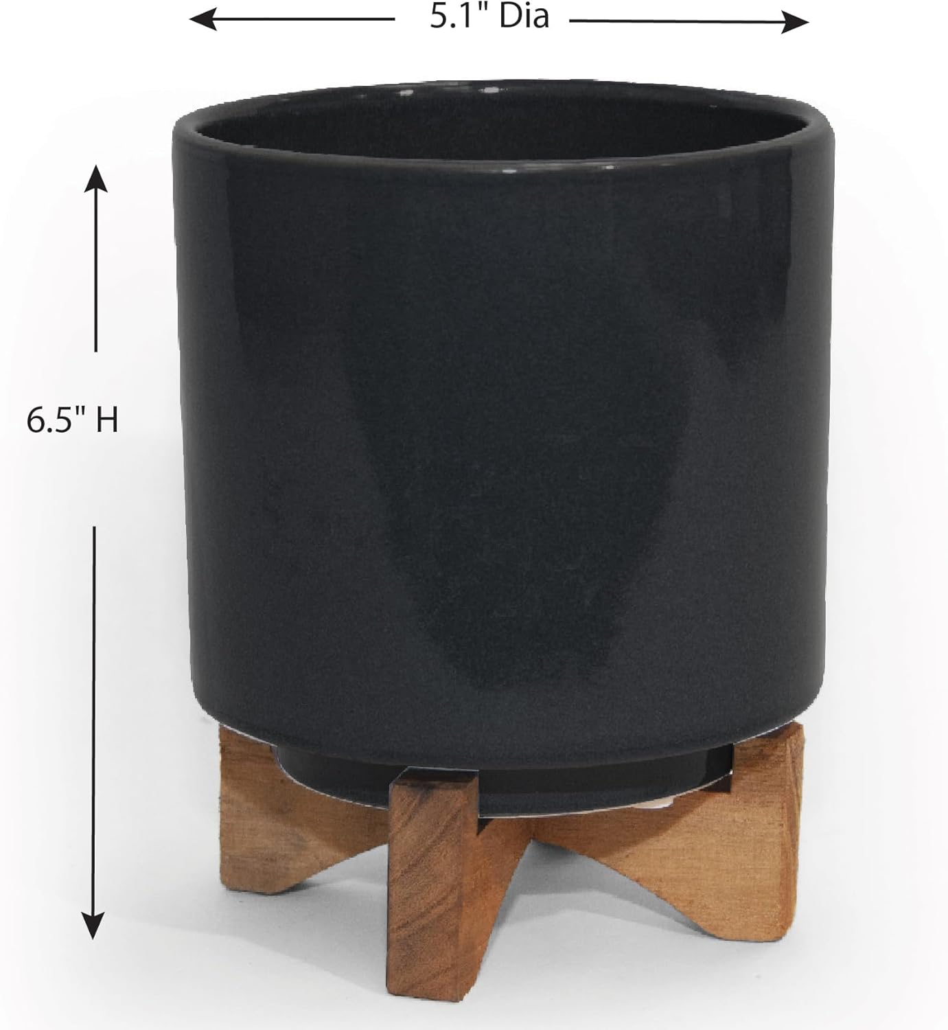 Maceta de cerámica con soporte de madera, maceta de 6.5 pulgadas de altura y 5.1 pulgadas de diámetro, maceta de cerámica negra para plantas y