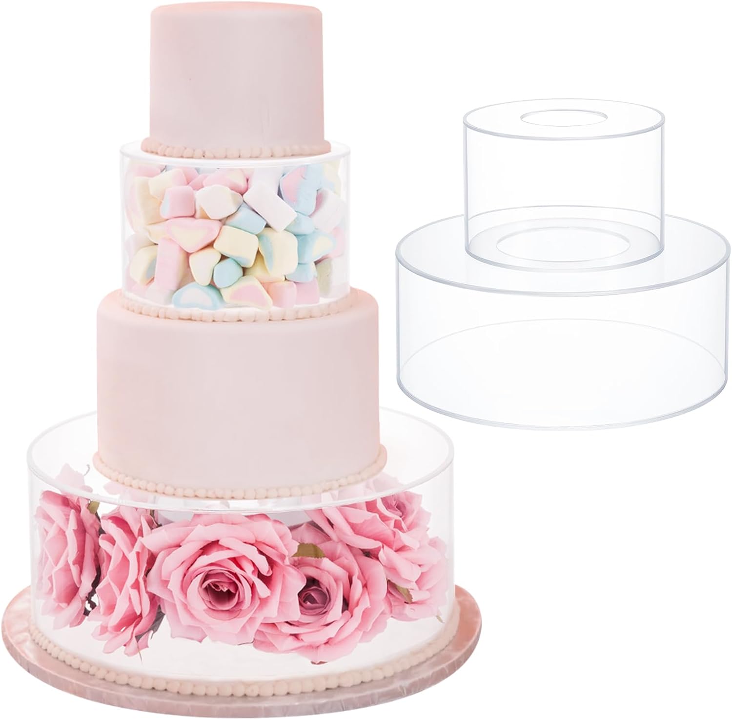 Juego de 2 soportes transparentes para tartas de boda, soporte de exhibición de acrílico para tartas escalonadas rellenable redondo con tapa, centro
