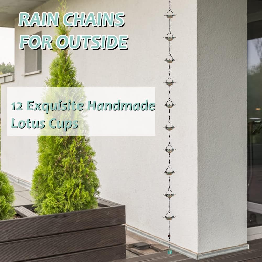 Cadena de lluvia de loto de 8.3 pies, 12 tazas de flores de hierro grueso cadenas de lluvia para canalones, cadena ajustable para drenaje de aleros,