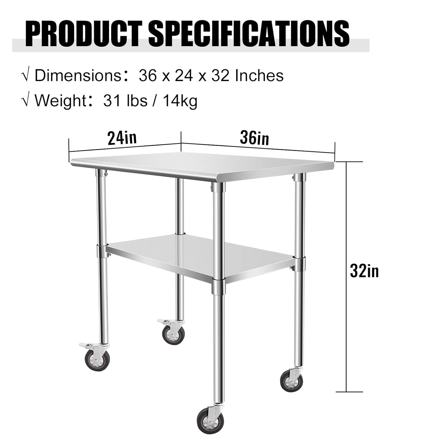 OUKIDR Mesa de trabajo de 36 x 24 pulgadas, mesa de acero inoxidable resistente para preparación con 4 ruedas para cocina comercial, restaurante,