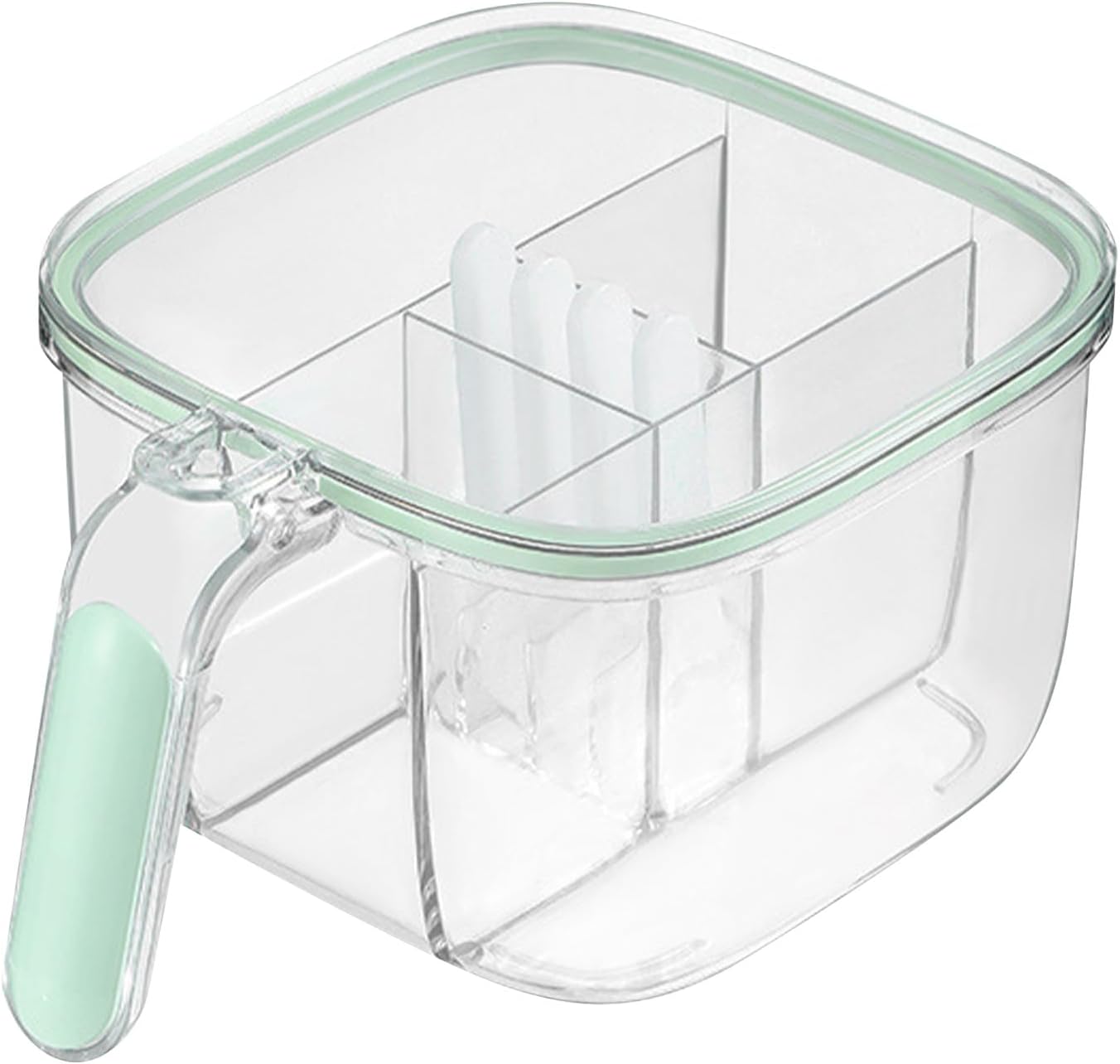 TOPINCN Caja de condimentos de 4 compartimentos con 4 cucharas de servir y tapa, caja de condimentos transparente para ventana, caja de