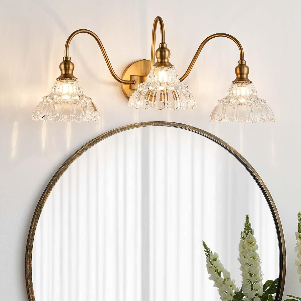 Apliques de pared vintage de 3 luces de latón moderno para tocador de baño, lámpara de tocador retro de vidrio para dormitorio, baño, puerta,