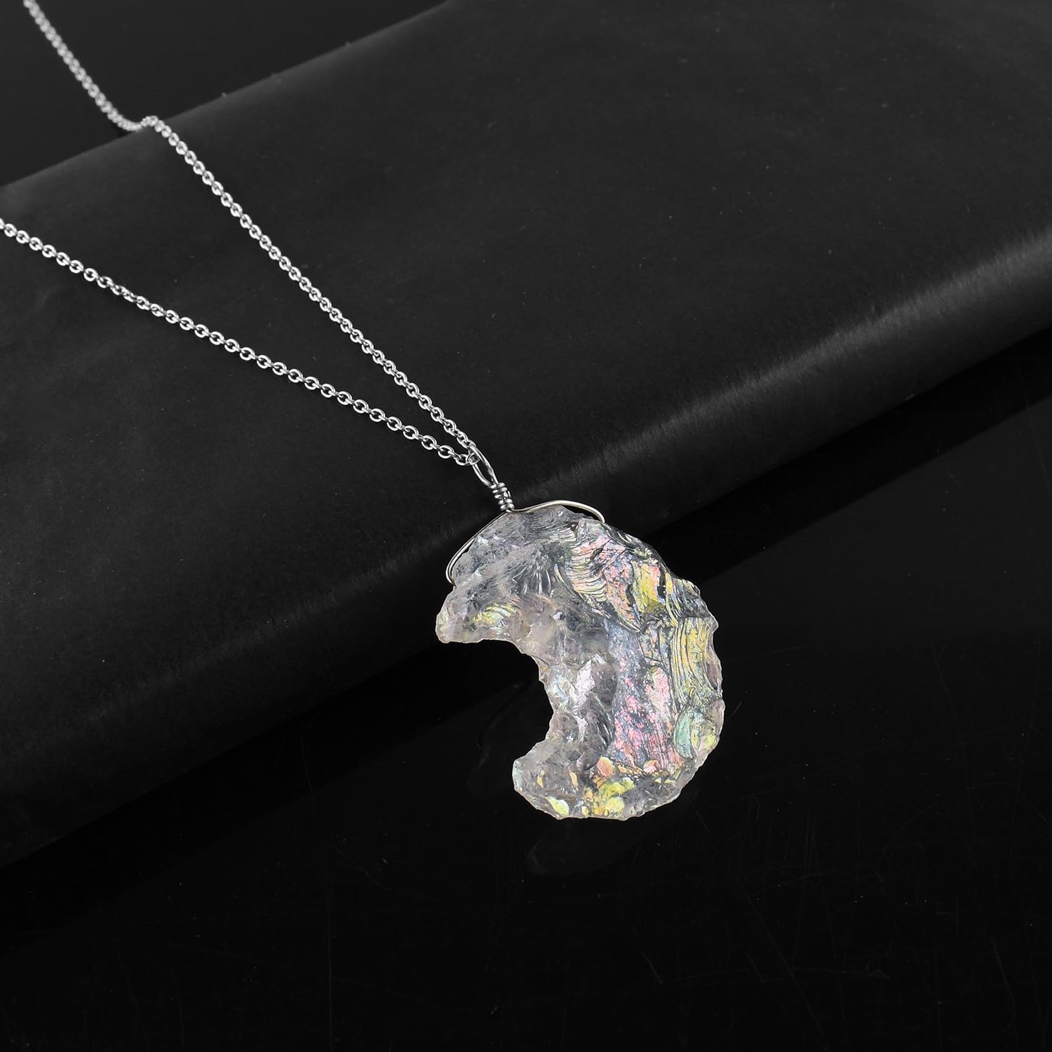 Moon-Shaped Angel Aura Quartz Pendant – Artisan Hammered Finish – Rhodium Plated Sterling Silver – Celestial Healing Crystal Necklace – Fashionable