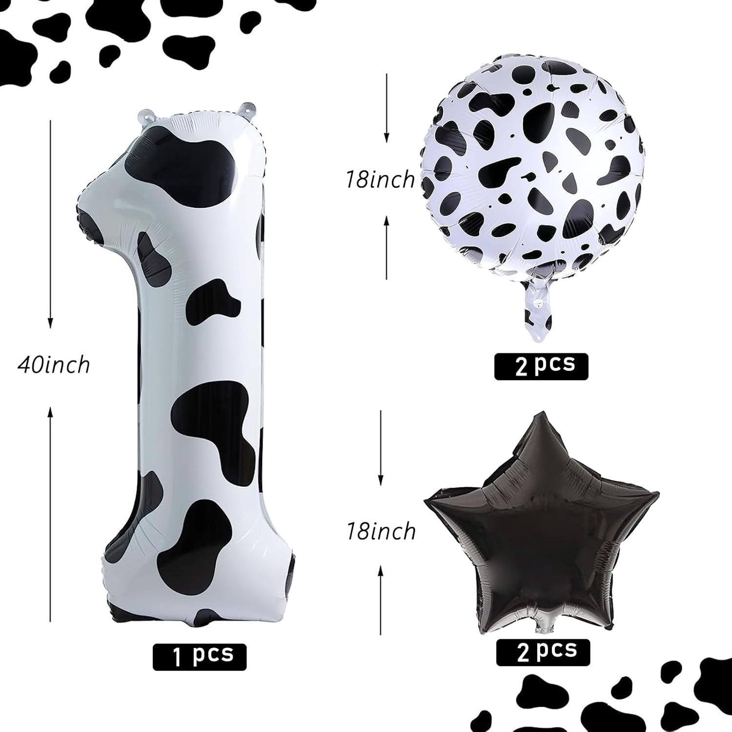 5 globos con estampado de vaca, globos de número de 40 pulgadas, 2 globos con estampado de vaca blanca, globos temáticos de vaquera occidental para