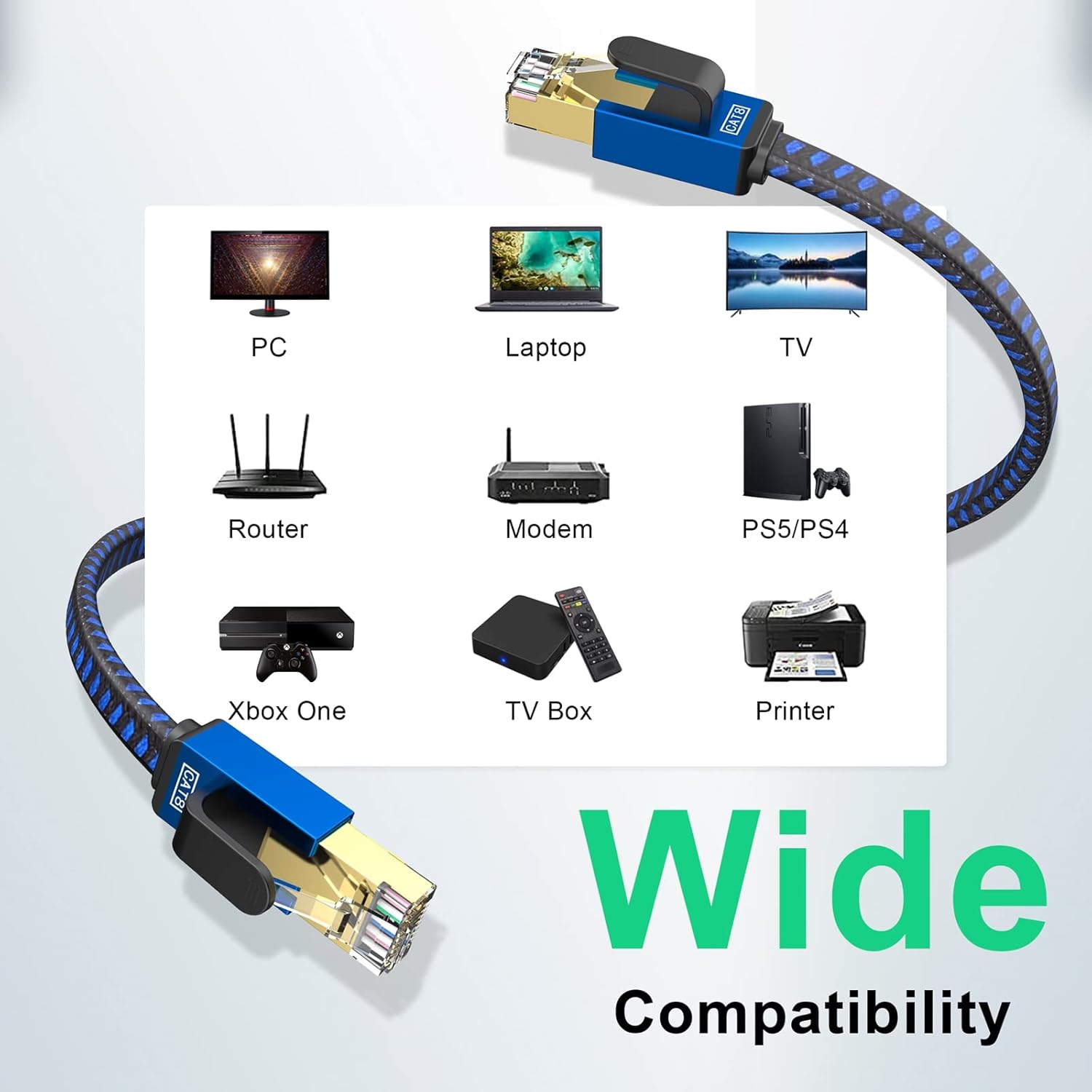 Cable Ethernet Cat 8 de 20 pies de alta velocidad, cable de red trenzado de nailon, conectores RJ45, cable LAN plano blindado SSTP, cables Ethernet