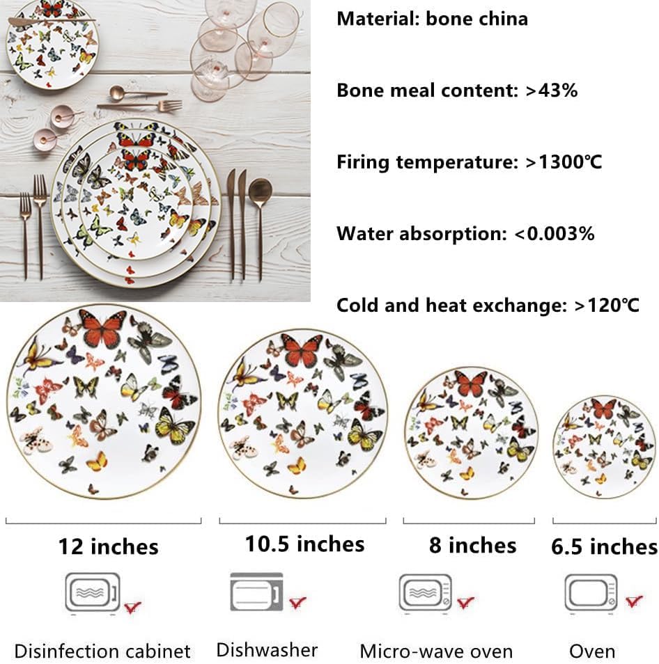 Butterfly Bone – Plato de porcelana de porcelana de 10.5 pulgadas, plato de borde dorado, juego de 4, para ensalada, aperitivo, microondas y