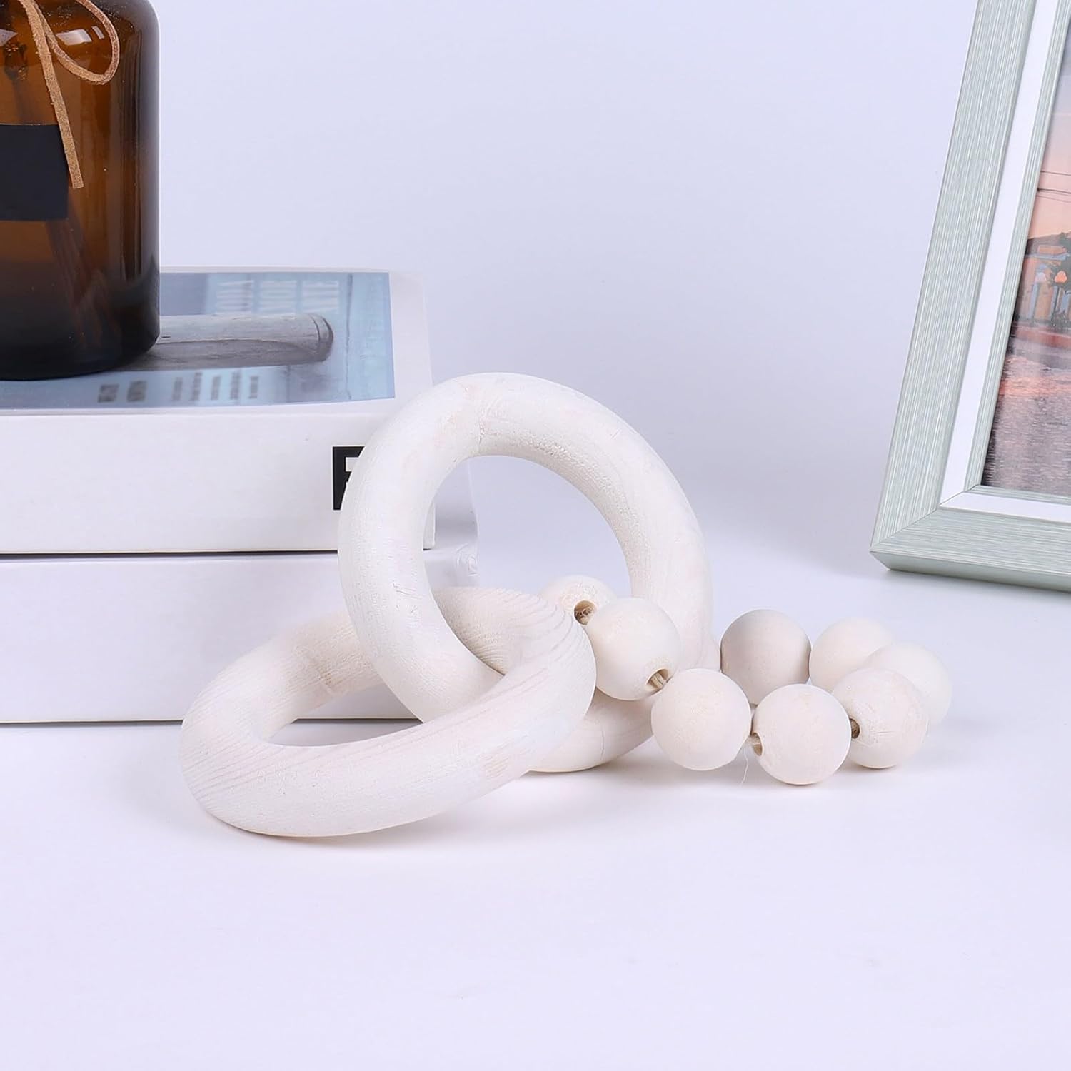 Decoración de eslabones de madera (nudo de madera de 2 eslabones y cuentas de madera de granja), decoración de nudo de madera de 9 pulgadas,