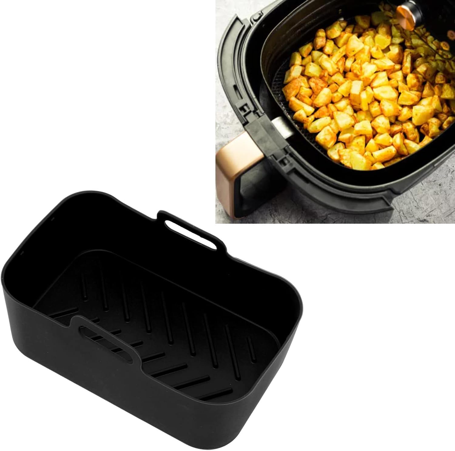 Juego de 2 cestas y tapetes de silicona para freidora, reutilizables, antiadherentes, resistentes al calor, rectangular, accesorios para horno de