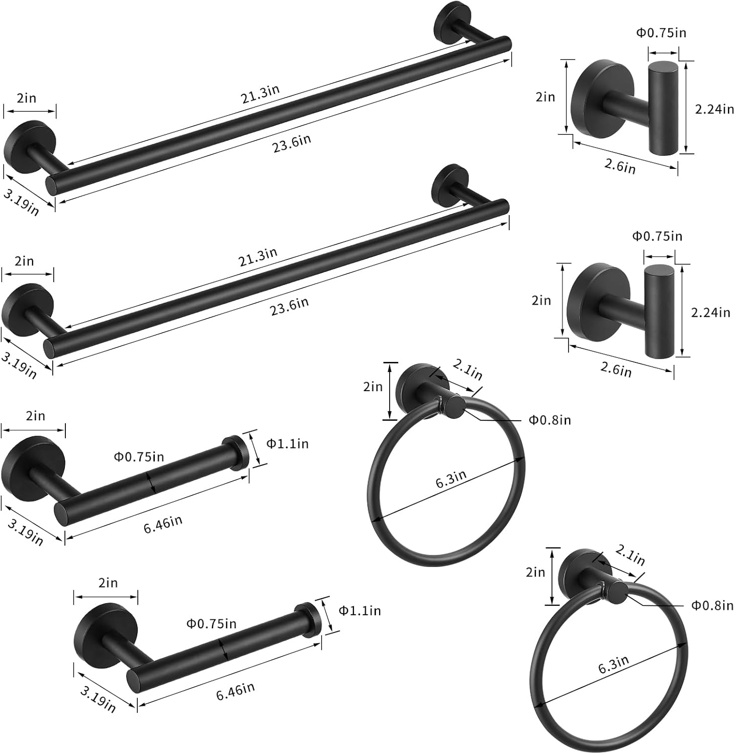 Fapully Juego de accesorios de baño de 8 piezas de acero inoxidable, juego de accesorios de baño negro mate montado en la pared