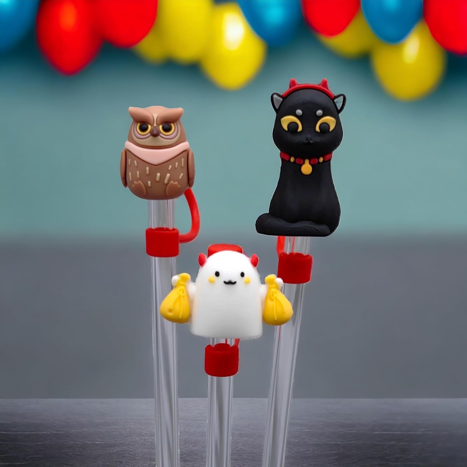 3 fundas para pajitas de 0.315 in y 0.394 in, lindo adorno de paja de gato para vasos Stanley, puntas de popote de silicona de búho para popotes de