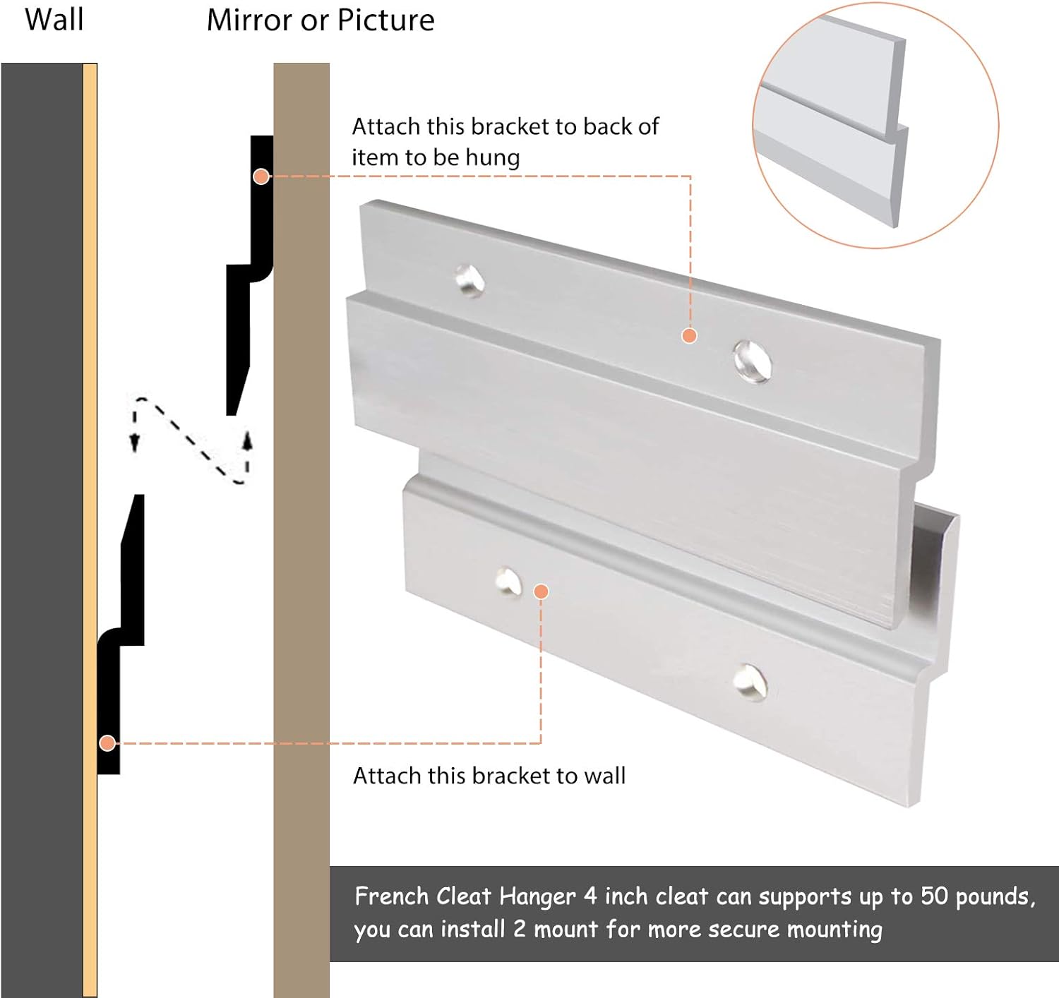 Colgador de fotos para tacos franceses de 4 pulgadas  2 pares  Percha de aluminio Z soporta 50 libras  Kit de accesorios de montaje de pared