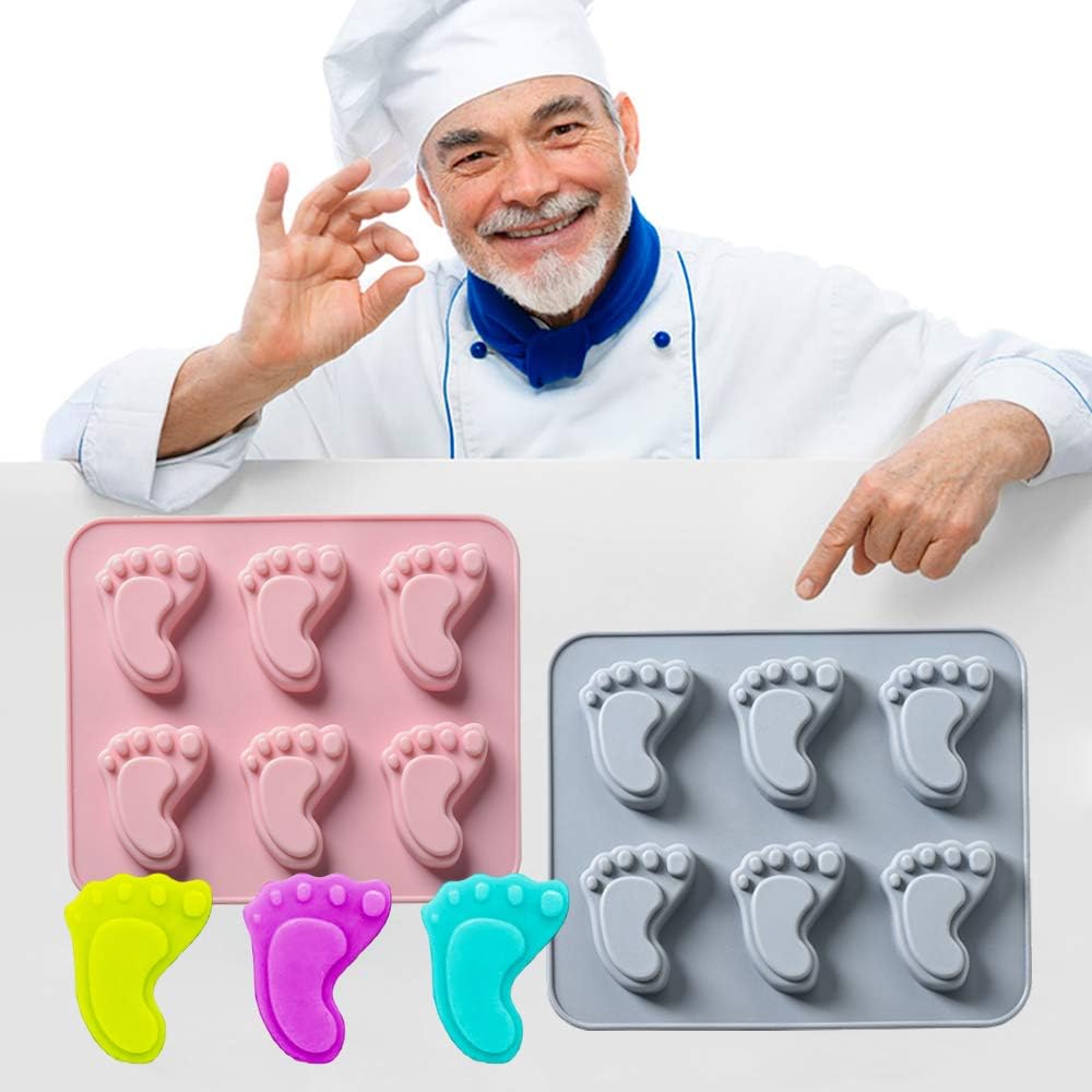 Paquete de 2 moldes de silicona con forma de pie de bebé, 6 cavidades 3D de huellas, moldes de silicona para fondant para pasteles para fiesta de