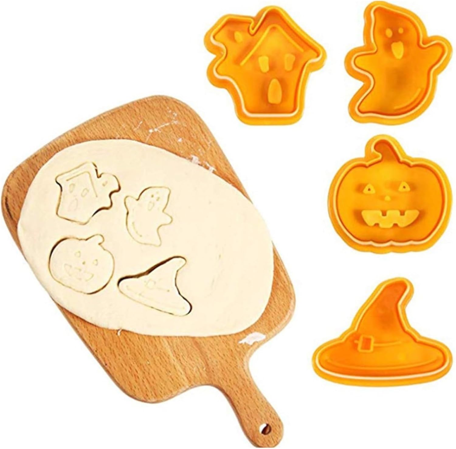 Juego de 4 cortadores de galletas de Halloween, moldes 3D para cortar galletas de casa encantada, sombrero de bruja, fantasma, calabaza, fondant,