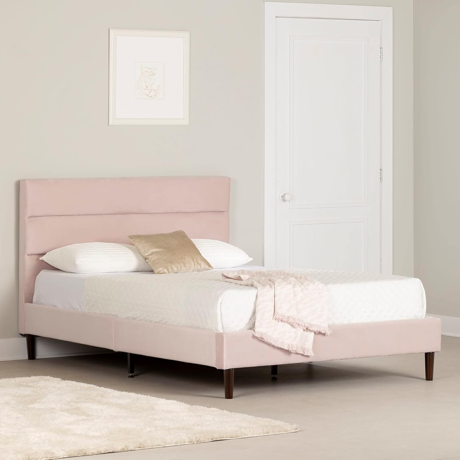South Shore Maliza – Cama completa tapizada con plataforma, matrimonial, color rosa