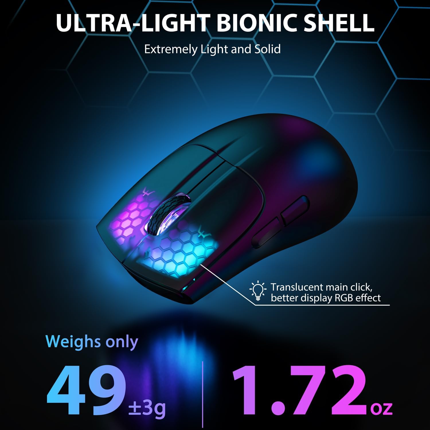 FELICON X5 Ratón inalámbrico para juegos ultraligero 1.73 oz con cable Tri-Mode Tipo CBluetooth2.4Ghz Honeycomb RGB Retroiluminación ergonómico