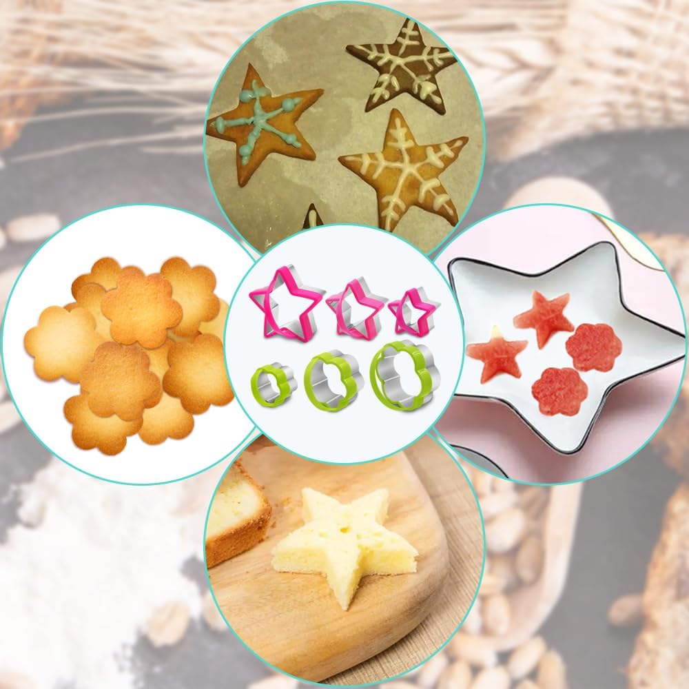 6 cortadores de galletas de acero inoxidable con asa, cortador de galletas AIFUDA con patrón de estrellas y flores, mini molde para prensar