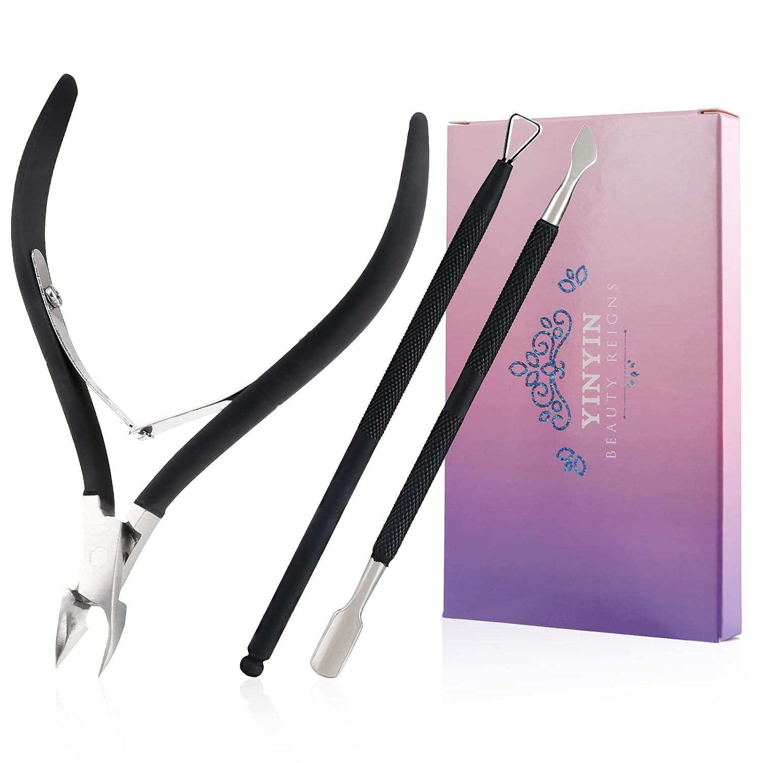Yinyin – Corta cutículas y empujador de cutículas, profesional de acero inoxidable y duradero, para dedos de manos y pies, pedicura y manicura