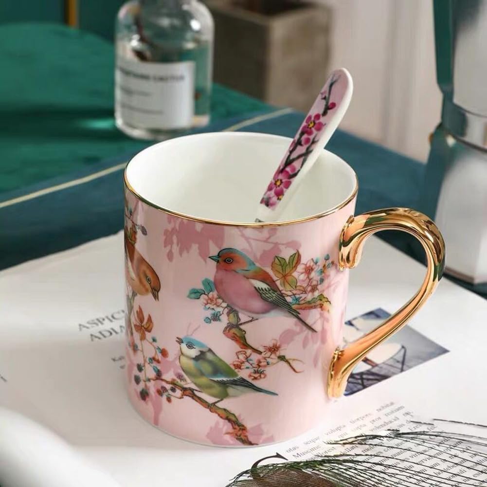 Taza de café de porcelana de porcelana para el hogar, cocina, oficina, patrones de pájaros (rosa)