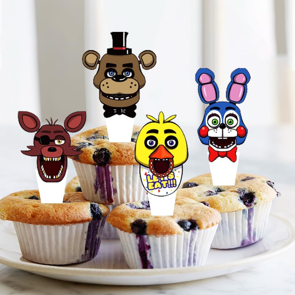 Suministros para fiesta de cumpleaños de Five Nights Freddy, 25 piezas de decoraciones de pastel de Freddy de Five Nights con adornos para cupcakes