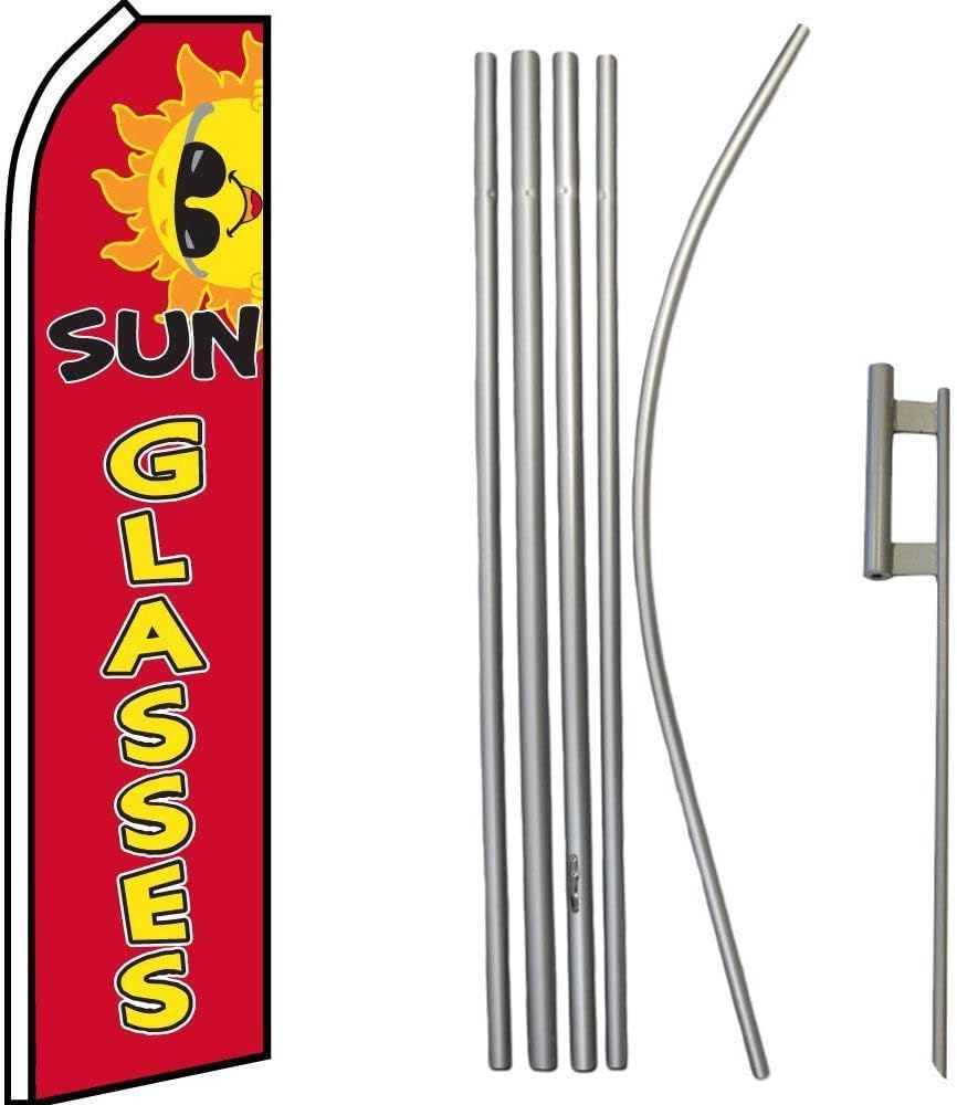 Premium Red Sun Glasses Swooper Flag & 16ft Flagpole KitGround