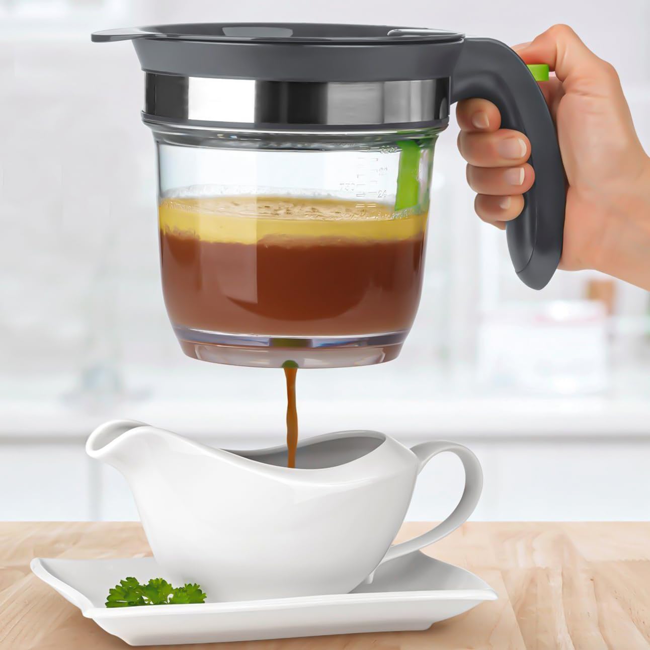 Separador de grasa de plástico de 4 tazas con liberación inferior, separador de grasa en salsa, taza medidora de aceite de sopa, incluye una prensa