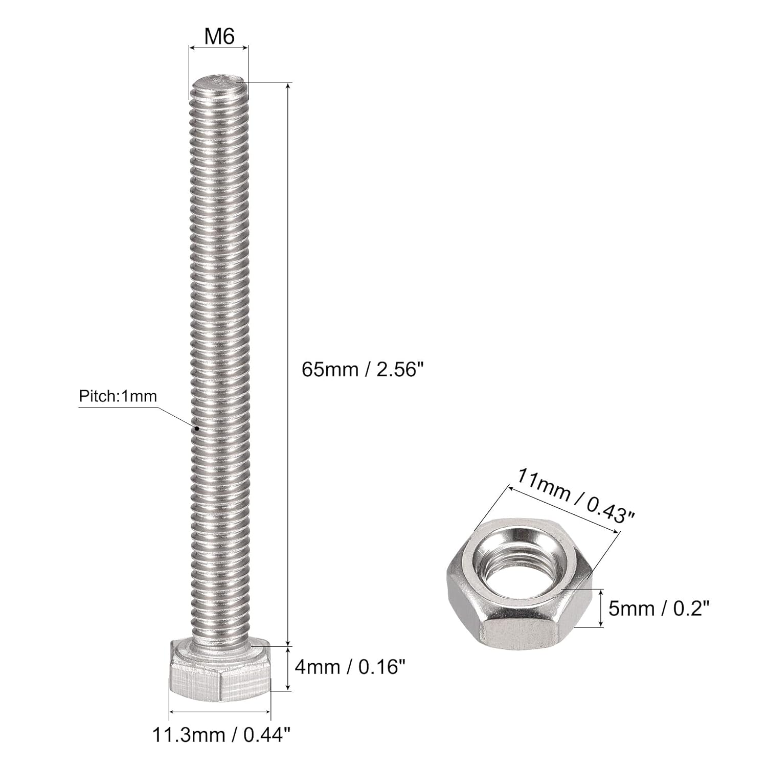 uxcell Tornillos de cabeza hexagonal M6 x 2.559 in, tuercas, kits de arandelas planas y de bloqueo, pernos hexagonales de rosca completa de acero