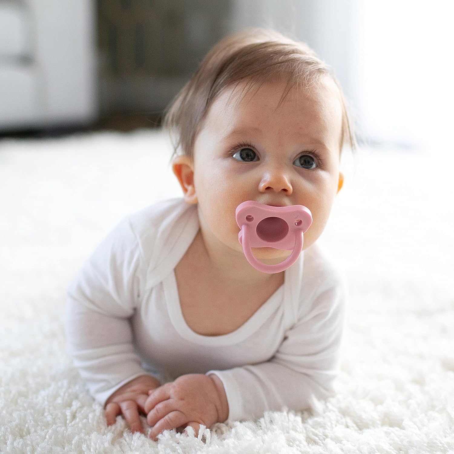 Dr. Brown’s HappyPaci – Chupete de bebé 100% de silicona, diseño contorneado de una pieza, rosa, blanco, rosa claro, 0.0-19.7 ft, sin BPA, paquete