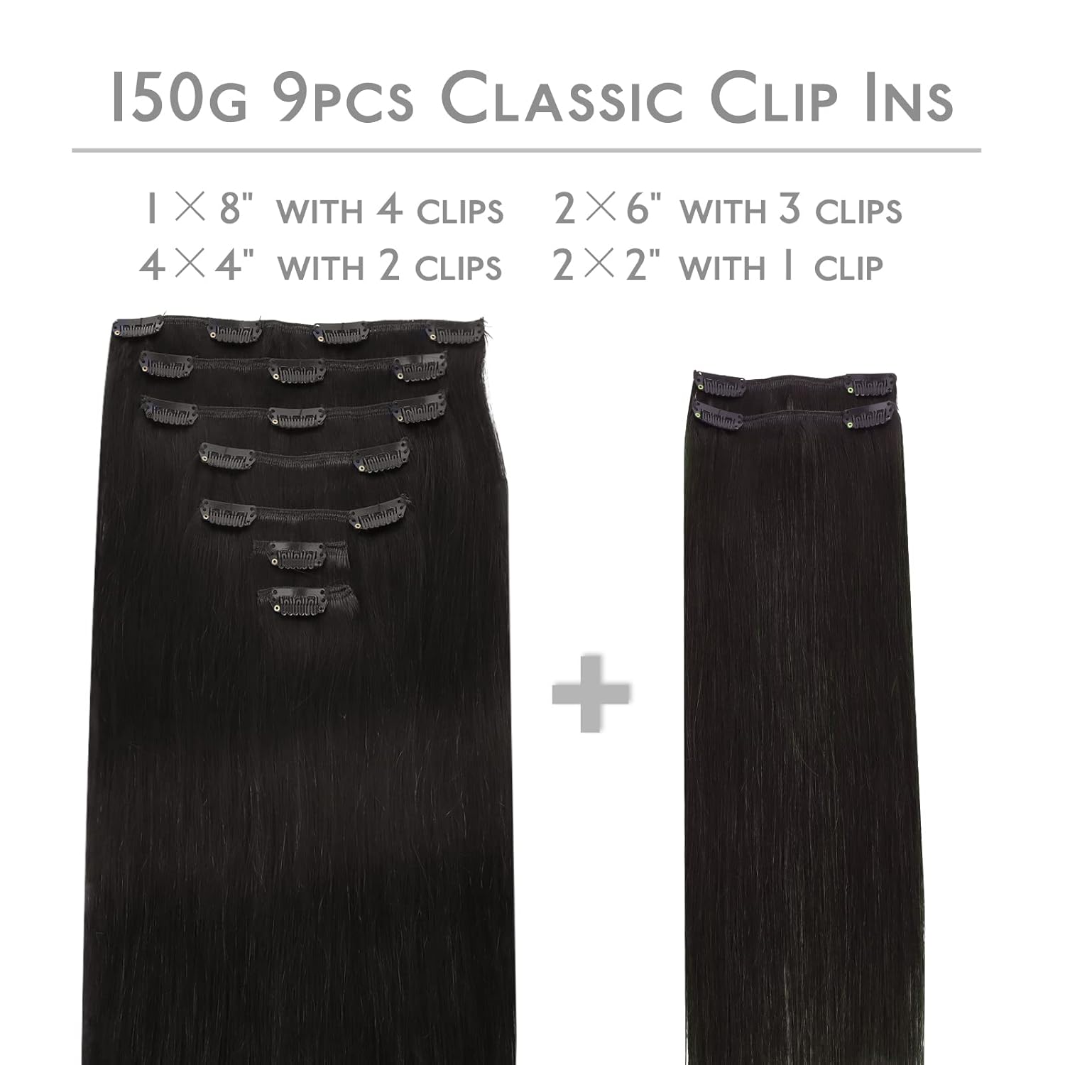 WENNALIFE Extensiones de cabello con broches, 5.22 onzas, 9 piezas, extensiones de cabello humano negro natural, extensiones de cabello humano real