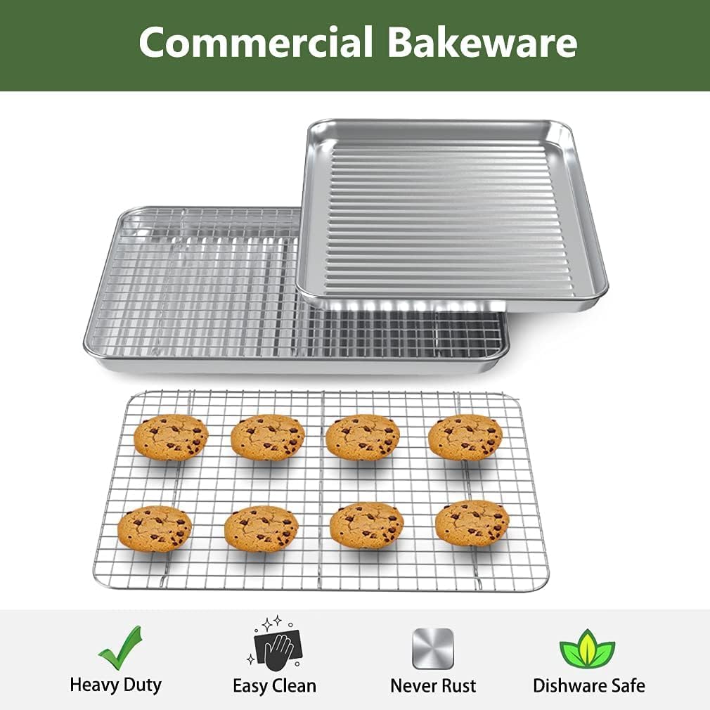 ROTTAY Juego de bandeja para hornear de un cuarto con rejilla de alambre 2 sartenes + 2 estanterías, bandeja de galletas de acero inoxidable para