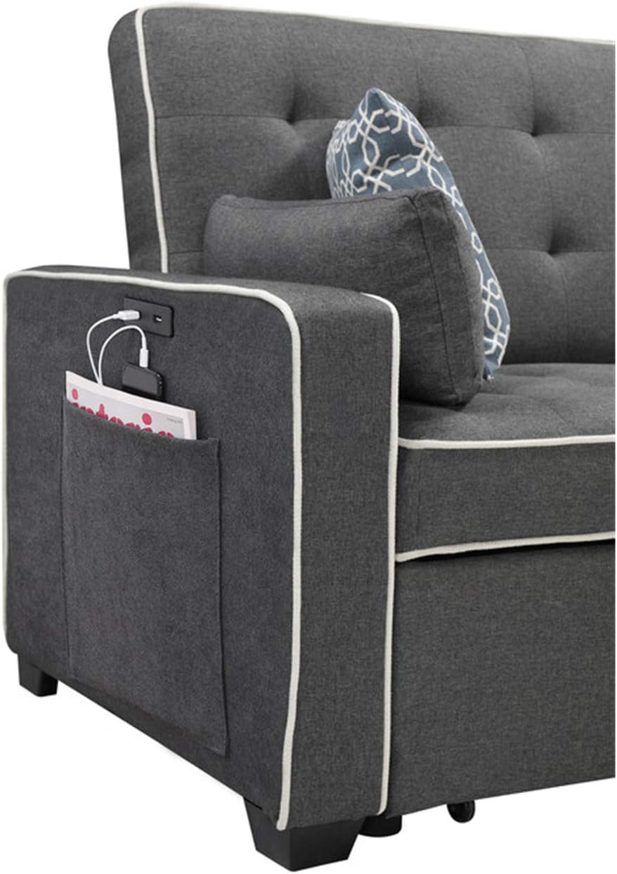 Lilola Home Cody – Sofá cama de tela con 2 puertos de carga USB y 4 almohadas decorativas, color gris