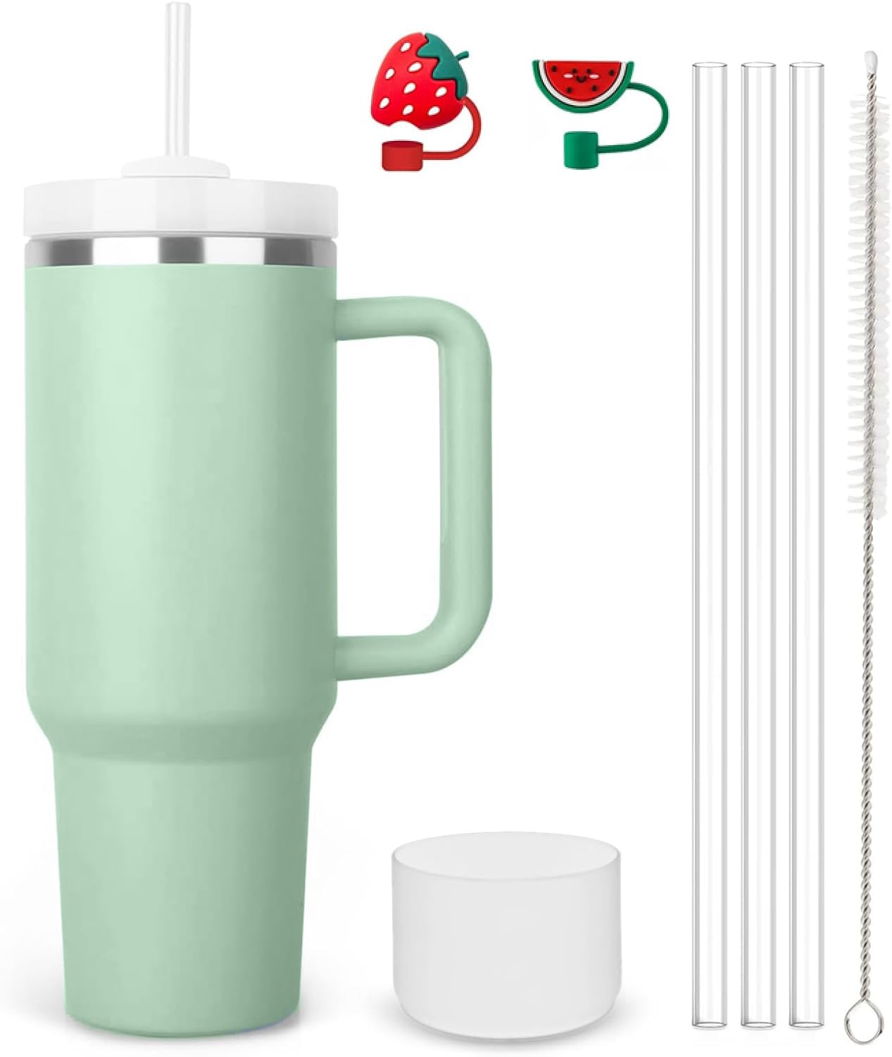 Vaso de 40 onzas con asa y popote con 2 tapas de popote y funda de silicona, botella de agua de acero inoxidable, taza de viaje, bebidas frías, vaso