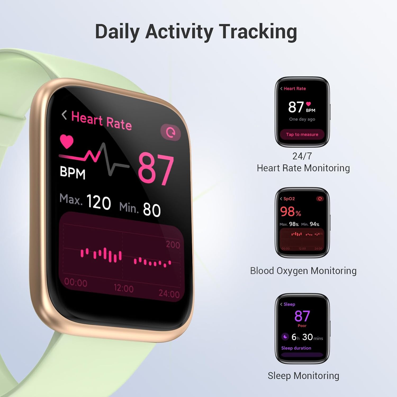 TYKOIT Reloj inteligente, rastreador de actividad física con pantalla táctil de 1.772 in, monitor de frecuencia cardíaca, oxígeno en sangre, reloj
