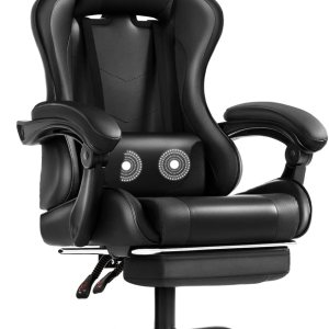 Shahoo Silla de juegos con reposapiés y soporte lumbar de masaje, asiento de carreras de video ajustable en altura con giro de 360 y reposacabezas Shahoo Silla de juegos con reposapiés y soporte lumbar de masaje, asiento de carreras de video ajustable en altura con giro de 360 y reposacabezas