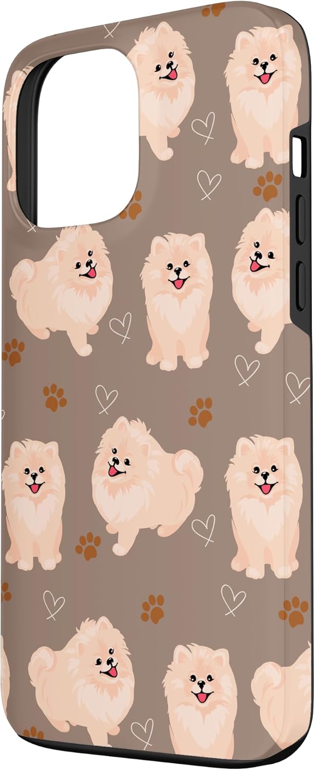 Funda marrón para iPhone 13 Pro Max con diseño de pomerania y cachorros