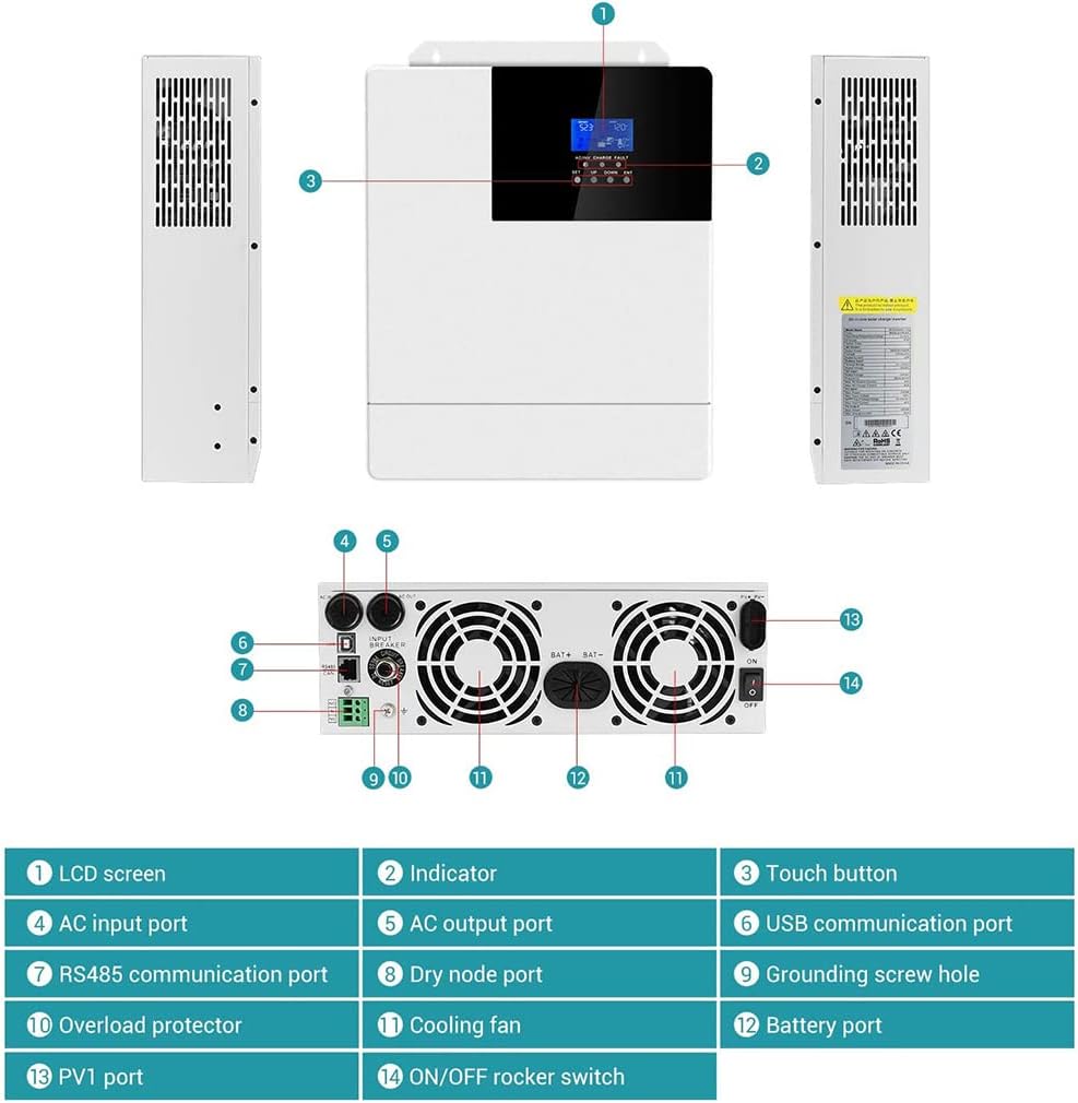 Y&H Inversor híbrido solar de 3000 W 24 V fuera de la red AC120V inversor de onda sinusoidal pura con controlador MPPT de 60 A PV Max entrada de 100