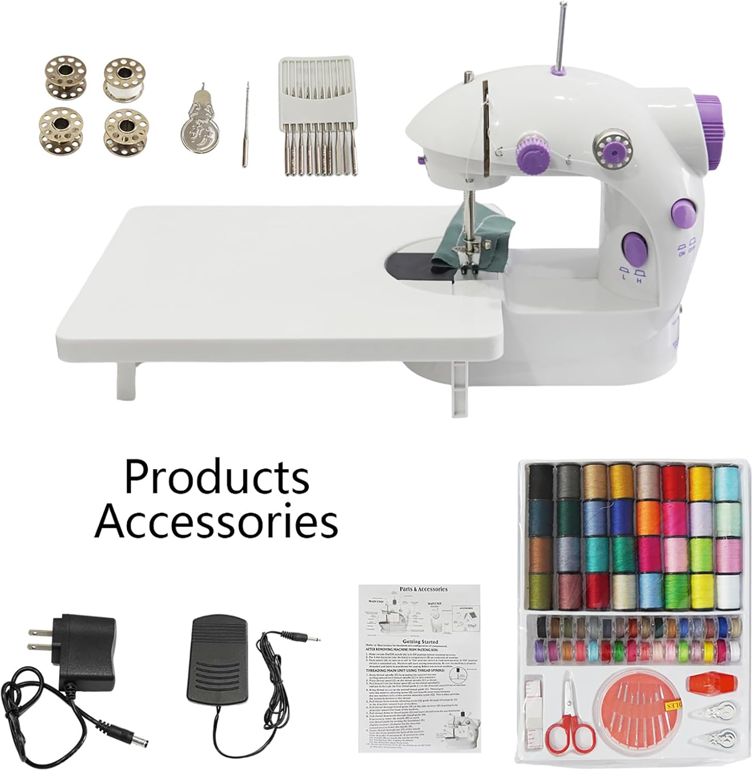 Mini máquina de coser para principiantes, kit de costura en 64 colores, máquina portátil de doble velocidad con mesa de extensión, luz, viajes, kit