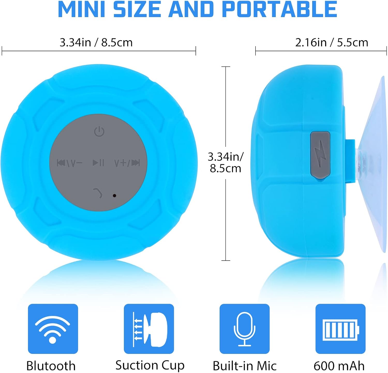 Altavoz de ducha Bluetooth impermeable portátil inalámbrico resistente al agua manos libres altavoz con micrófono incorporado, ventosa para baño azul