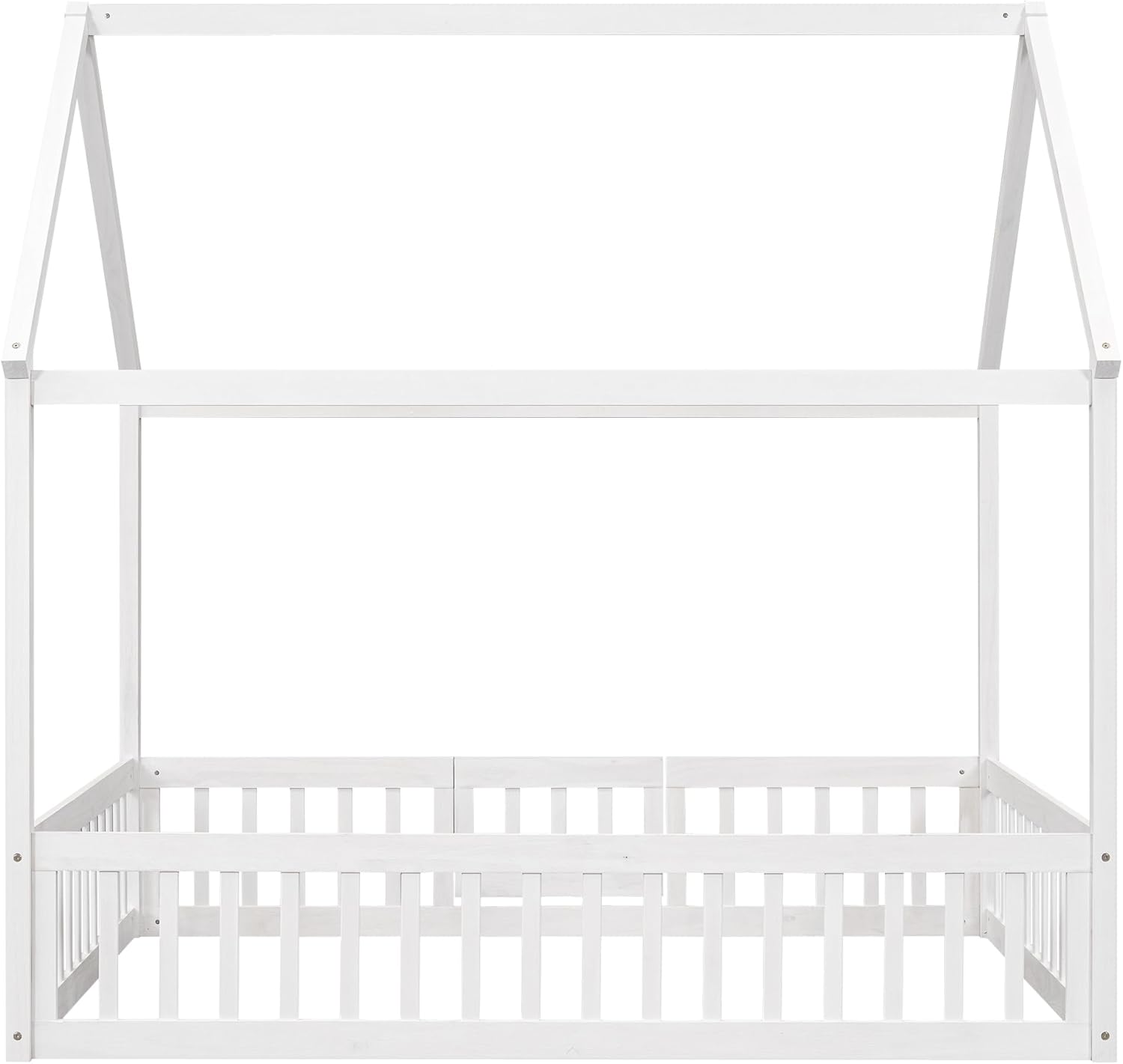 KLMM Cama de madera de tamaño matrimonial con valla y puerta, marco de cama de madera para niños o niñas, se puede decorar (valla blanca + puerta)