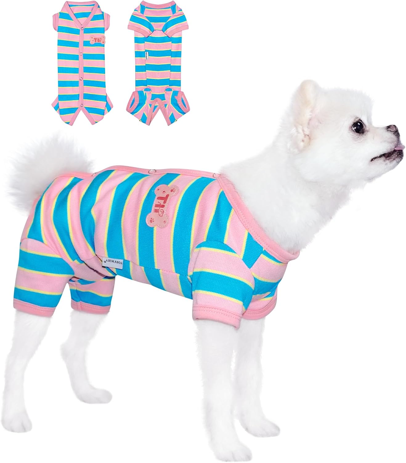 TONY HOBY Pijama para perro hembra, camisa para perro con rayas coloridas, ropa para mascotas para perros pequeños y medianos (rosa y azul, niña, L)