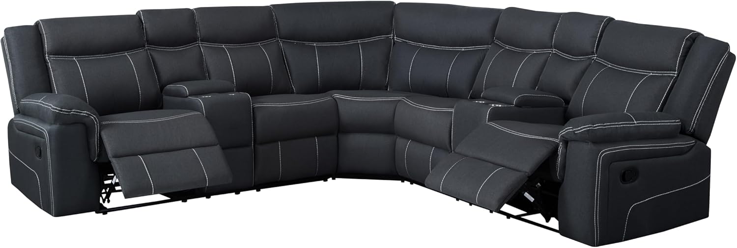 Moderno sofá seccional de movimiento manual en forma de L esquinero de 5 plazas, sofá reclinable curvado y simétrico tapizado con 2 consolas de