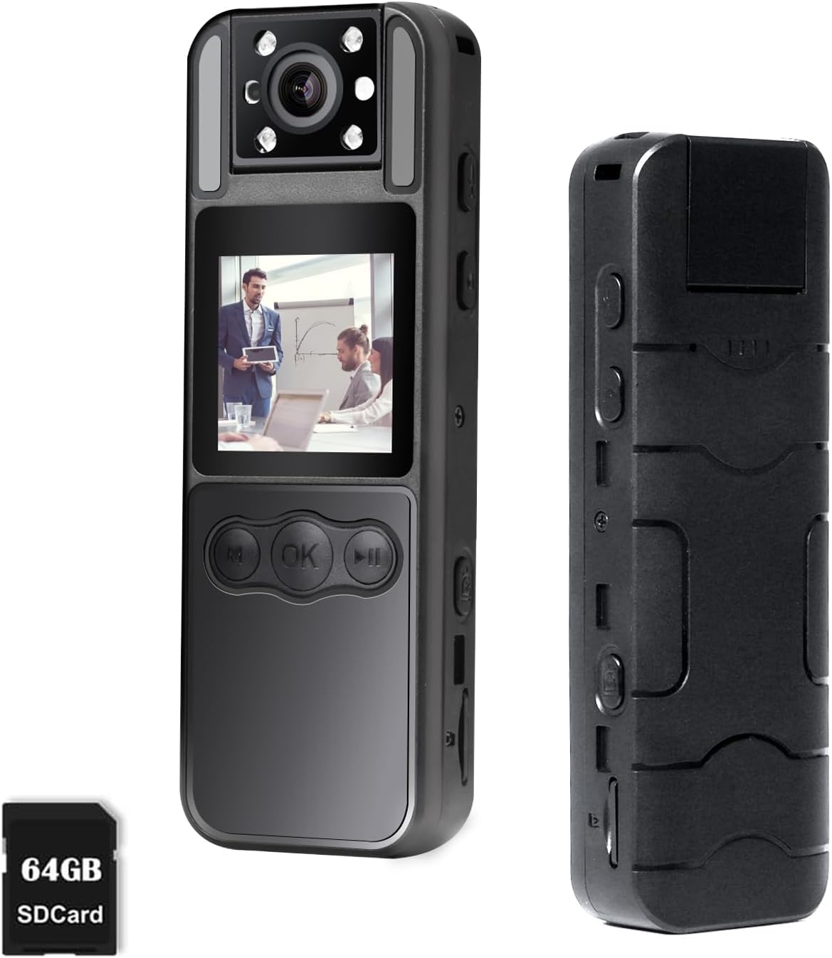 Giurrovo Cámara corporal de 64 GB con audio y video, mini cámaras corporales 1080P con visión nocturna infrarroja, videocámara de bolsillo de cámara