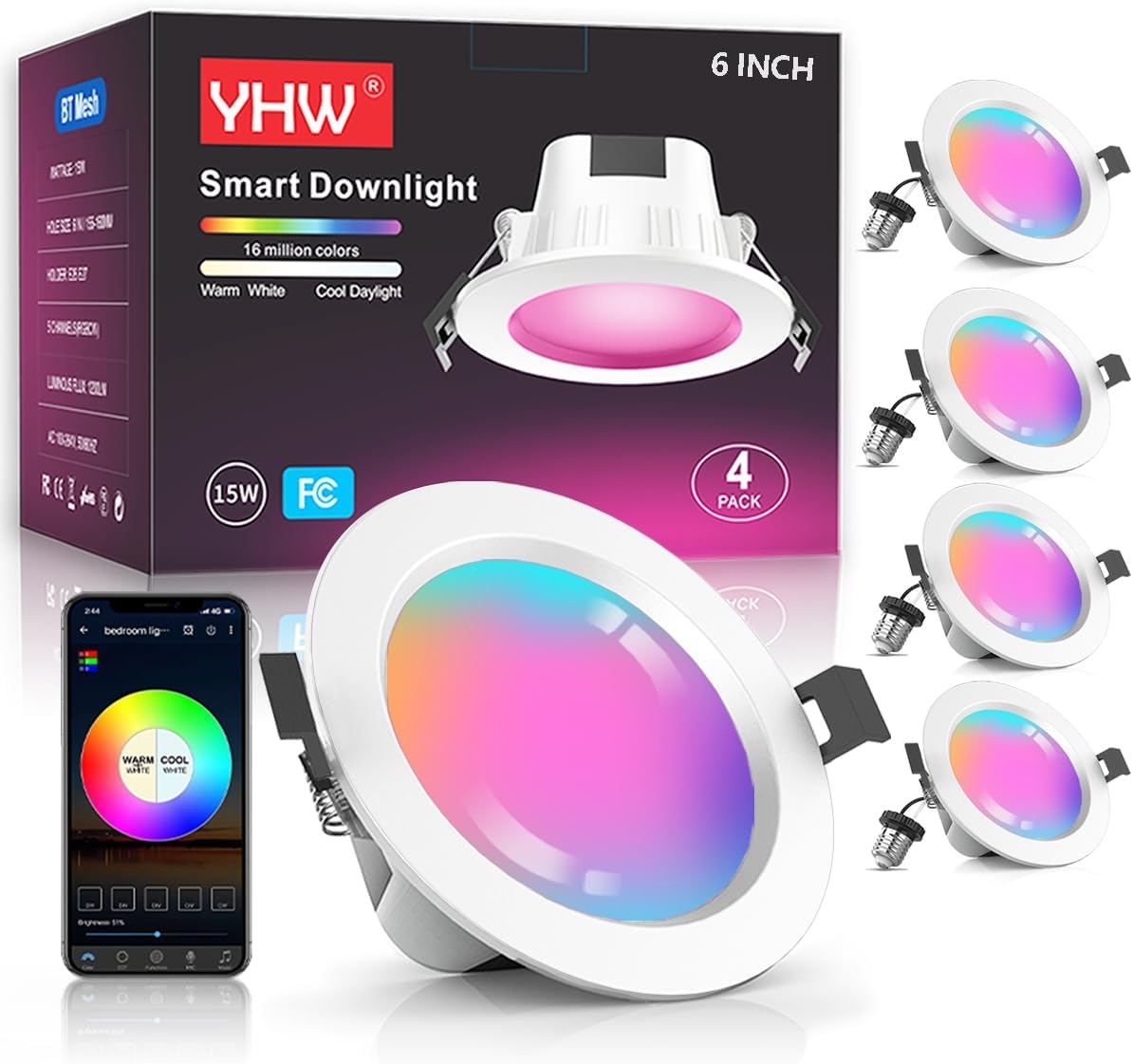 Iluminación LED inteligente empotrable de 6 pulgadas, 15 W, 2700-6500 K, CCT RGBCW, luces de techo regulables, luces de techo regulables de malla BT