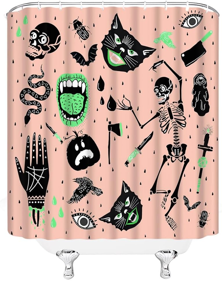 GCTNBJL Cortina de ducha de Halloween, espeluznante alquimia, calavera, esqueleto, gato, calabaza, quiromancia, gótica, bohemia, tablero mágico de