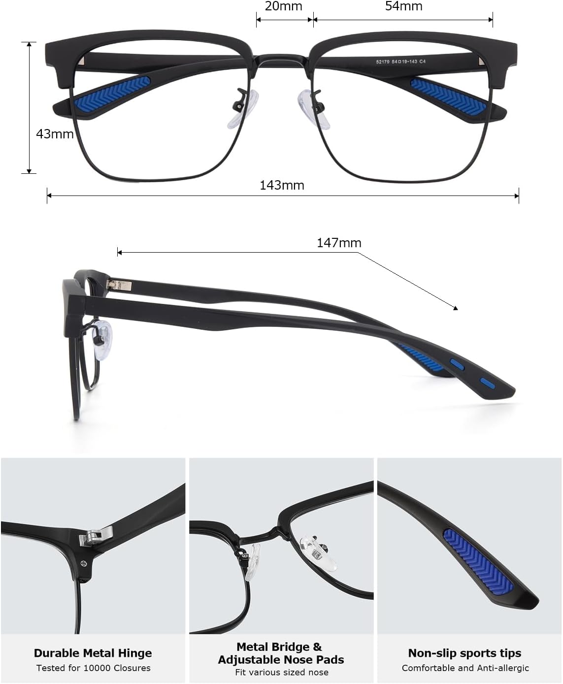 Gafas de luz azul para hombre, rectangulares, grandes, de Browline, para juegos de computadora, bloqueador azul, antirreflejos, protección UV400,