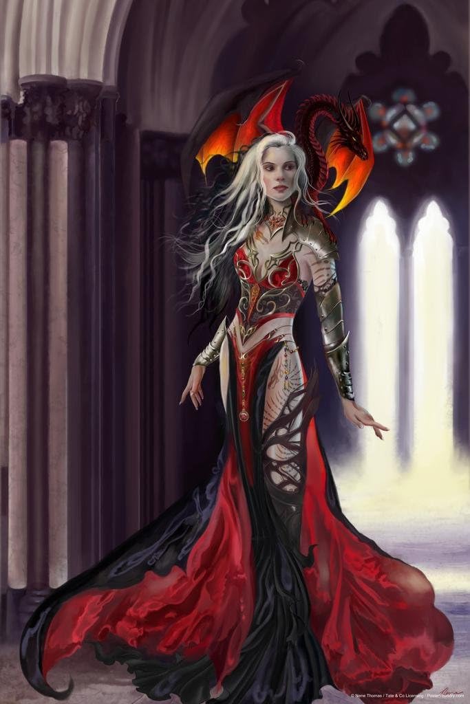 Póster de fantasía Severeielle Goth Warrior de Nene Thomas, dragón rojo sobre el hombro, reino fresco, decoración de pared, 16 x 24 pulgadas