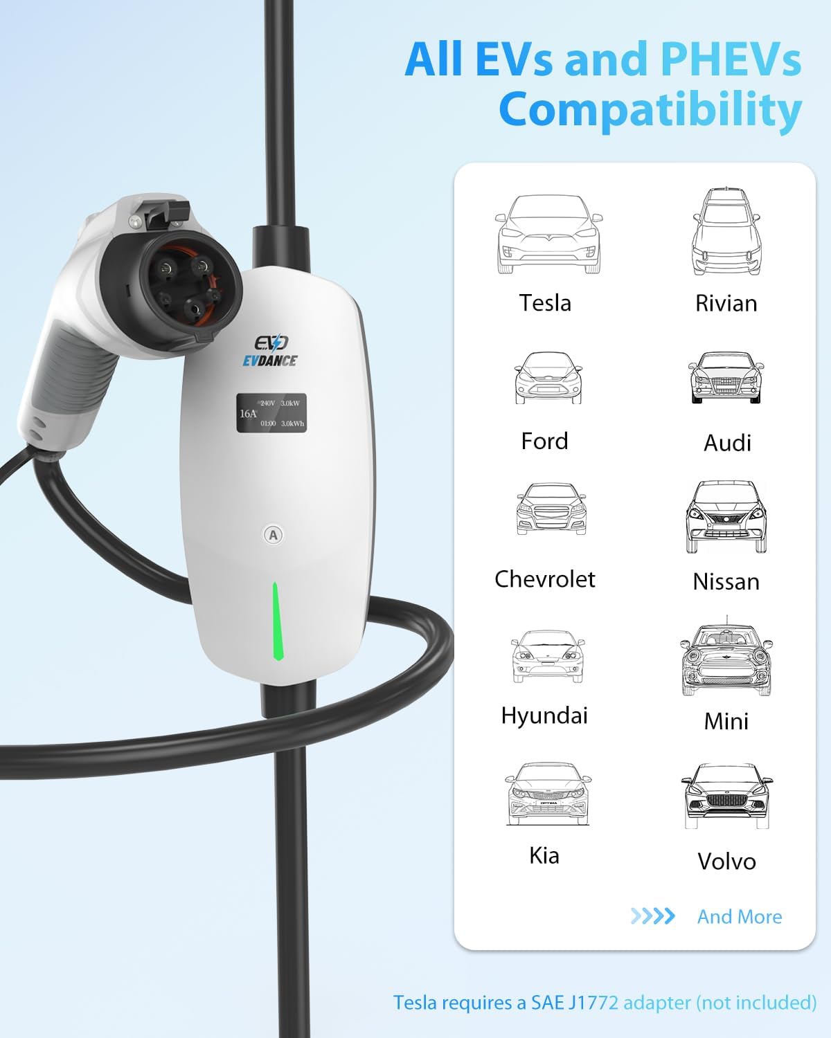 Cargador eléctrico portátil de nivel 2 de 110 V240 V, 6-16 A, ajustable, J1772 con cable de carga de 25 pies, NEMA 6-20 y 5-15 estación de carga
